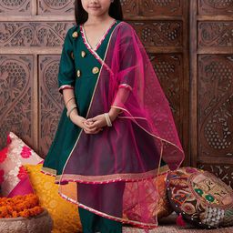 ROJAA Girls Floral Embroidered Regular Kurta with Trousers & With Dupatta-image-35