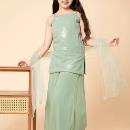 PICCOLO Girls Embroidered Regular Sequinned Kurti with Palazzos & With Dupatta image 1