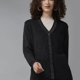 Cayman Women Charcoal Grey Self Design Woollen Cardigan-70