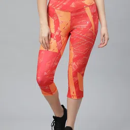 Reebok Women Coral Orange & Coral Red Printed Workout Ready Capri 3/4th Length Tights-11