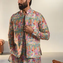 QB MEN Floral Printed Mandarin Collar Pure Silk Kurta with Trousers & Jacket-34