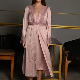 Odette Blush Pink Satin Solid Two Piece Night Wear Set For Women-picture-50