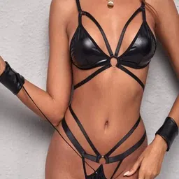 FIMBULShoulder Straps Faux Leather High-Low Baby Dolls-image-23