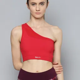 Fitkin Red One Shoulder Sports Bra With Front Net Detail-38