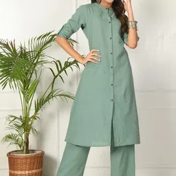 AAYUMI Striped Mandarin Collar Thread Work Pure Cotton Kurta with Trouser-picture-31