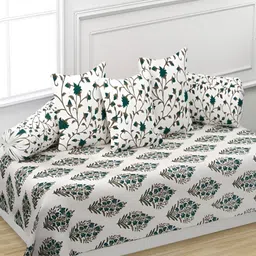 Trance Home Linen 6-Pcs White & Jaal Green Printed Pure Cotton 108 Thread Count Diwan Set-43