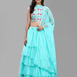 DIVASTRI Blue & Pink Embroidered Semi-Stitched Lehenga & Unstitched Blouse & Net Dupatta-picture-28