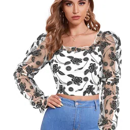 ODETTE Square Neck Long Puff Sleeves Floral Print Crepe Crop Top-image-1