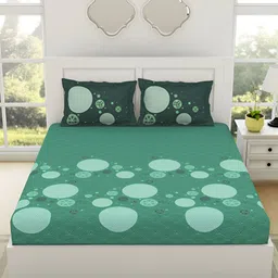 SPACES Green Geometric 144 TC Pure Cotton Fitted King Bedsheet & 2 Pillow Covers-image-29
