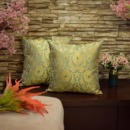 RoyalDeco Green 2 Pieces Ethnic Motifs Printed Brocade Silk Square Cushion Covers-27