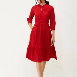 AASK Tie-Up Neck Puff Sleeve Crepe A-Line Midi Dress-image-82