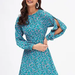 Kibo Floral Printed Slit Sleeves Fit & Flare Dress-image-51