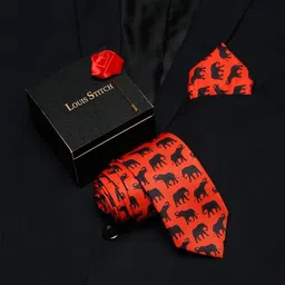 LOUIS STITCH Men Red Printed Italian Silk Accessory Gift Set-image-83
