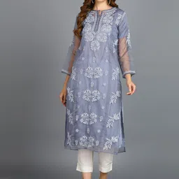 VAHSON Floral Embroidered Chikankari Organza Kurta-picture-4