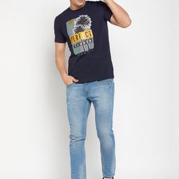 Mast & Harbour Navy Blue Typography Printed Pure Cotton T-shirt-image-82