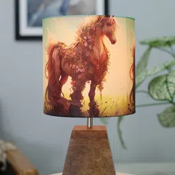 Homesake Pyramid Brown & Blue Floral Horse Printed Table Lamp With Wooden Base-image-37