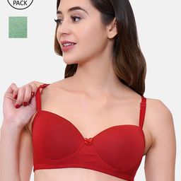 LOTUSLEAF Pack of 2 Green & Red Cotton Seamless Lightly Padded T-shirt Bra-image-10