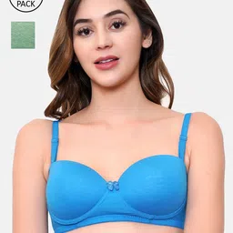 LOTUSLEAF Pack Of 2 Women Lime Green & Blue Light Padded Seamless Bra-image-4