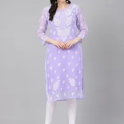 ADA Women Lavender & White Sheer Chikankari Embroidered Straight Handloom Kurta with Inner-image-84