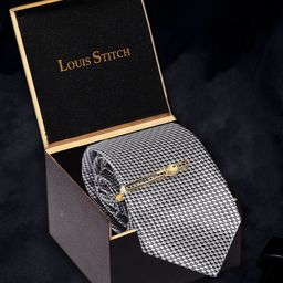 LOUIS STITCH Men Ash Grey Italian Silk Necktie Accessory Gift Set-image-56
