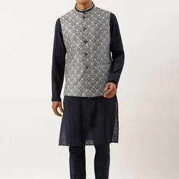 TheEthnic.Co Mandarin Collar Kurta with Pyjamas & Jacquard Jacket-picture-33