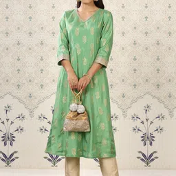 Ode by House of Pataudi Green Ethnic Motifs V-Neck A-line Kurta-47