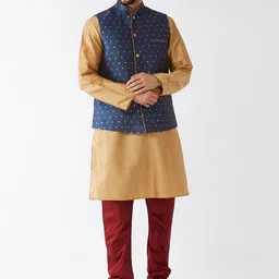 VASTRAMAY Mandarin Collar Kurta with Churidar & Woven Design Nehru Jacket-image-81