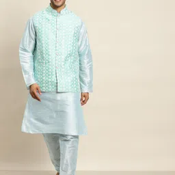 SOJANYA Men Blue Ethnic Motifs Thread Work Kurta Set & Jacket-56