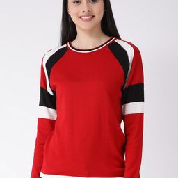 Club York Women Red & Black Colourblocked Acrylic Pullover Sweater-image-13