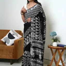 TEEJH Floral Zari Block Print Saree-image-47