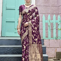 Anouk Magenta & Gold Toned Woven Design Floral Zari Pure Linen Saree-image-12