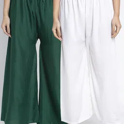 Jinfo Set Of 2 Women Green & Off White Flared Knitted Ethnic Palazzos-image-86