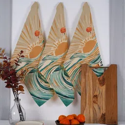 Ratan Cart 3Pcs Sea Green & Brown Printed Cotton Kitchen Towels-68