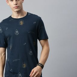 Roadster Men Navy Blue Conversational Printed Round Neck Pure Cotton T-shirt-image-8