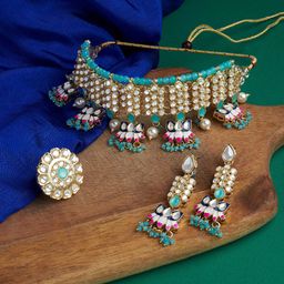 Zaveri Pearls Gold-Plated Blue & Pink Kundan-Studded & Beaded Meenakari Jewellery Set-image-40