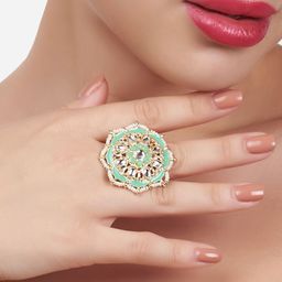 Zaveri Pearls Gold-Plated Green & White Kundan Stone Studded Meenakari Adjustable Finger Ring-image-90
