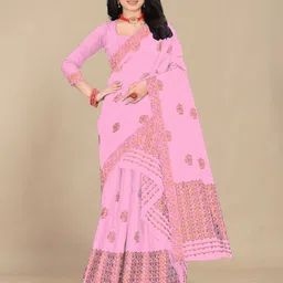 KAMDAR Pink Ethnic Motifs Embroidered Zari Muga Saree-41
