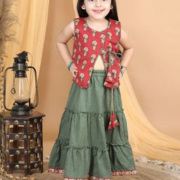 Kinder Kids Girls Red & Green Printed Ready to Wear Lehenga &-picture-27