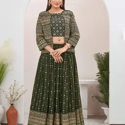 Chandbaali Ethnic Motifs Embroidered Sequinned Foil Print Ready To Wear Lehenga & Shrug-picture-9