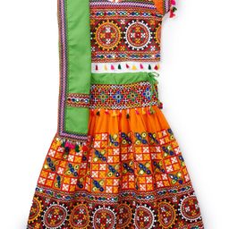 BANJARA INDIA Girls Orange & Green Embroidered Ready to Wear Lehenga & Blouse With Dupatta-10