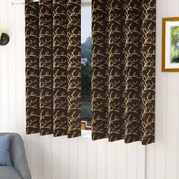 Aura Coffee Brown & Gold Toned 2 Pieces Printed Velvet Room Darkening Window Curtains-43
