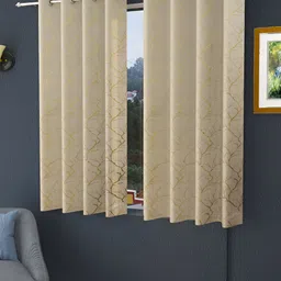 Aura Cream & Gold Toned 2 Pieces Printed Velvet Room Darkening Window Curtains-image-93