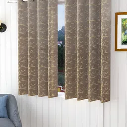 Aura Grey Melange & Beige 2 Pcs Velvet Floral Room Darkening Window Curtains-57
