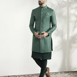 Kisah Kisah Men Green Kurta Sherwani Churidar Set Woven Sherwani-image-1