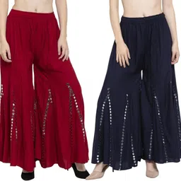 omayaa Pack of 2 Women Comfort Fit Dark Blue Viscose Rayon Trousers-picture-16