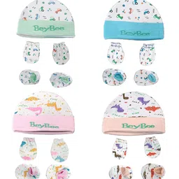 BeyBee Infants Pack Of 4 Printed Organic Cotton Mittens With Cap & Booties-15