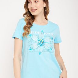Mast & Harbour Blue Floral Printed Pure Cotton T-shirt-image-40
