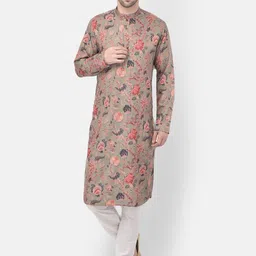 TABARD Men Green Floral Printed Cotton Kurta-image-5