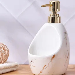 Home Centre White & Gold-Toned Abstract Ceramic Soap Dispenser-21