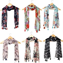 Floral Print Chiffon Women Multicolor Scarf, Stole-image-9